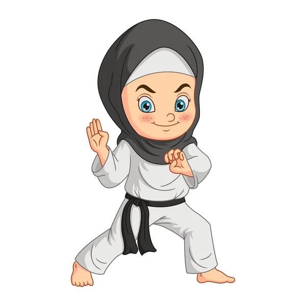 Vektor Illusztráció Rajzfilm Muszlim Lány Gyakorló Karate — Stock Vector