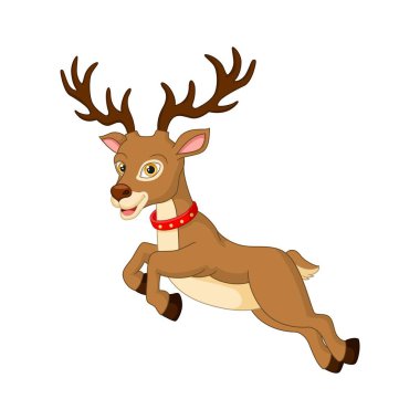 Beyaz arka planda zıplayan komik Ren Geyiği Çizgi Filminin Vektör İllüstrasyonu
