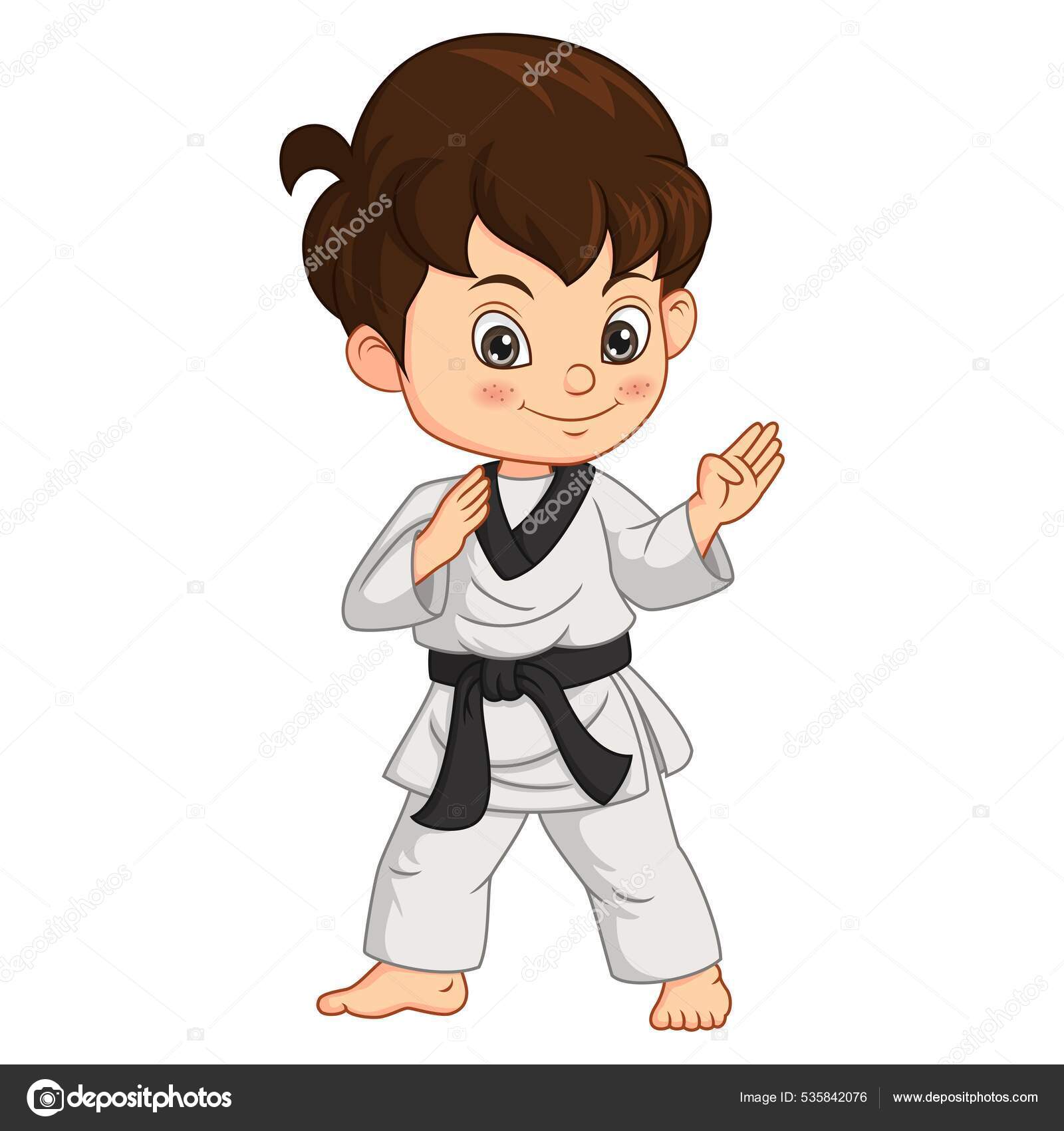 Ilustración Vectorial Del Niño Dibujos Animados Practicando Karate