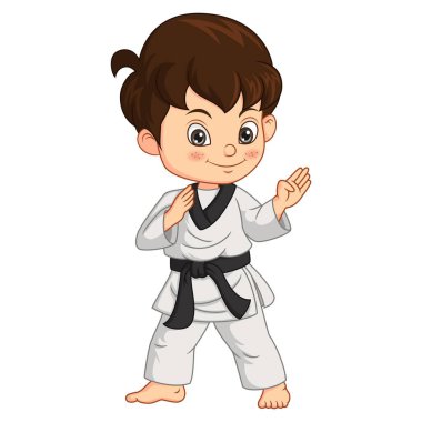 Karikatür çocuğu karate yaparken vektör çizimi