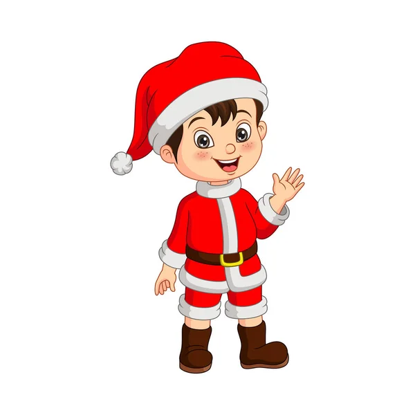 Vector Illustration Cartoon Little Boy Wear Santa Costume Waving Hand — Stock Vector