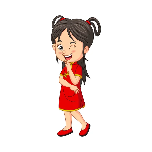 Vector Illustration Cartoon Funny Chinese Girl Winking Eye — Vetor de Stock