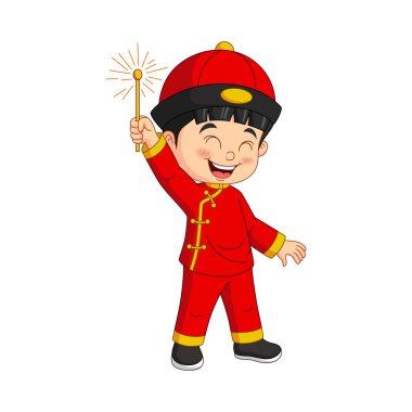 Elinde maytap tutan Çinli çocuğun vektör illüstrasyonu