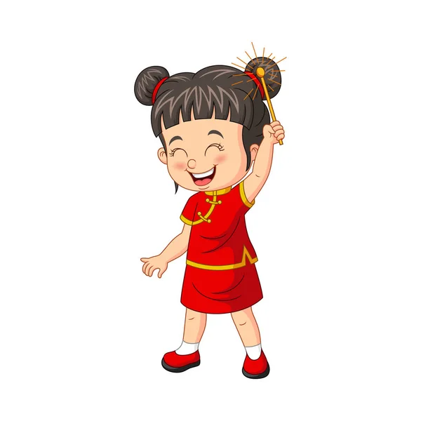 スパークリングを持つ漫画中国の女の子のベクトルイラスト — ストックベクタ