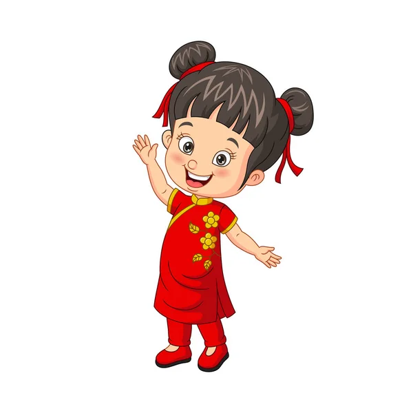 ベクトルイラストの漫画幸せな中国の女の子手を振って — ストックベクタ