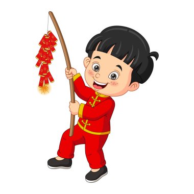 Elinde kestane fişeği tutan Çinli çocuğun vektör illüstrasyonu