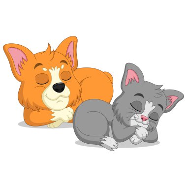 Tatlı Kedi ve Corgi Köpek çizgi filminin Uyuyan Vektör İllüstrasyonu