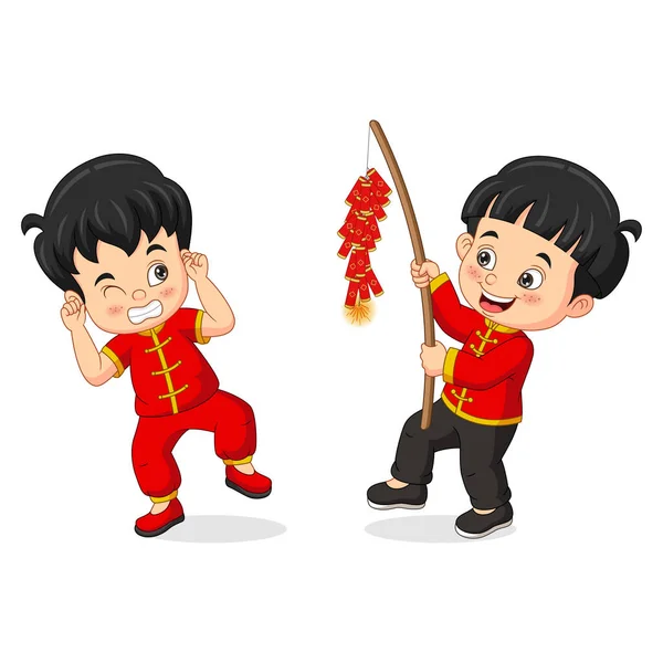 爆竹を持つ漫画中国語の子供のベクトルイラスト — ストックベクタ
