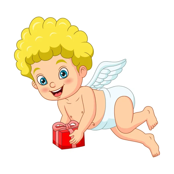 Vector Ilustración Lindo Pequeño Cupido Sosteniendo Caja Regalo Roja — Vector de stock