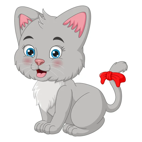 Vector Illustration Cute Cat Girl Cartoon Red Bow — Stock Vector