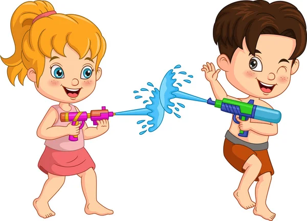 Vector Illustration Cartoon Kids Playing Water Gun — Stock Vector