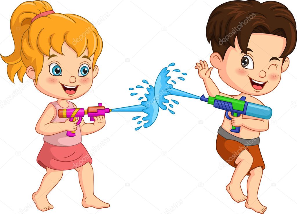Vector Illustration of Cartoon kids playing a water gun
