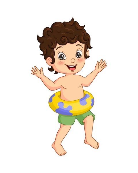 Vector Illustration Cartoon Happy Little Boy Inflatable Lifebuoy — Stock Vector