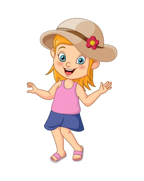 Vetor Ilustração Dos Desenhos Animados Menina Usando Chapéu Palha — Vetor de Stock