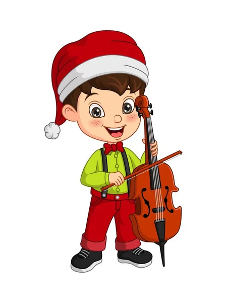 Vector Illustration Cartoon Little Boy Wearing Christmas Costume Playing Cello — Stock Vector