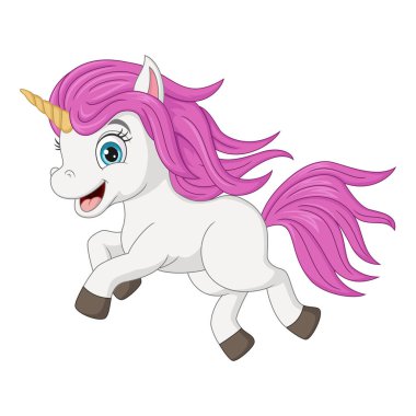 Çizgi filmin vektör illüstrasyonu Komik küçük tek boynuzlu at koşuyor