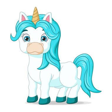 Tatlı, sihirli tek boynuzlu at çizgi filminin vektör çizimi