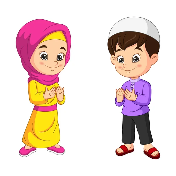 Ilustração Vetorial Crianças Muçulmanas Felizes Desenhos Animados Rezando —  Vetores de Stock