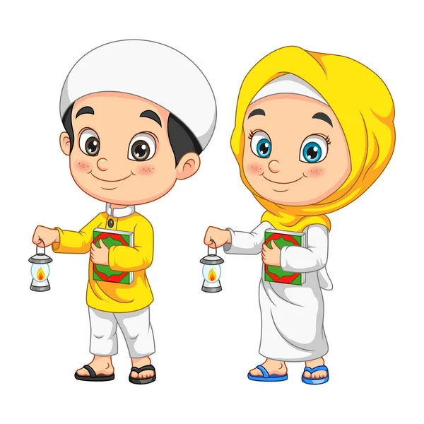 Vector Illustration Cartoon Muslim Children Holding Coran Book Islamic Lantern — Vector de stoc