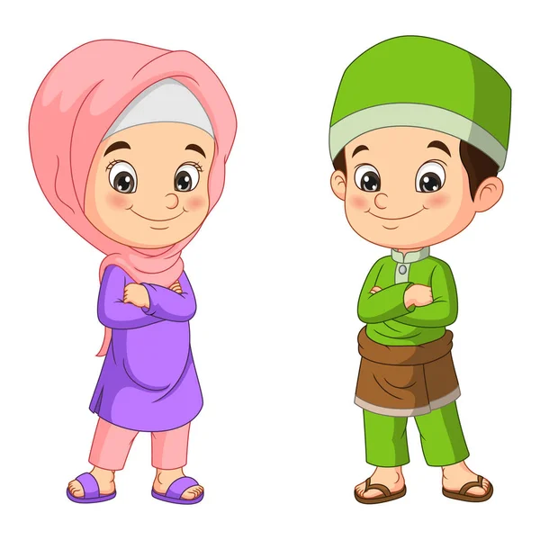 Ilustração Vetorial Menino Muçulmano Feliz Desenho Animado Menina — Vetor de Stock