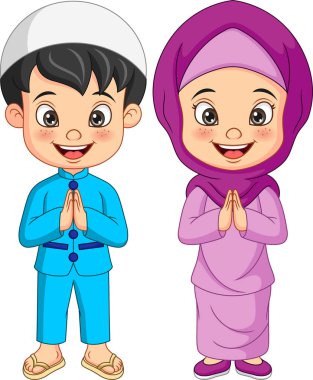 Karikatür müslüman çocuğun vektör ilüstrasyonu selamlar.