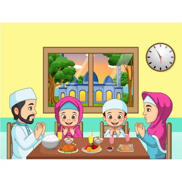 Ilustração Vetorial Família Muçulmana Rezando Juntos Diante Iftar —  Vetores de Stock