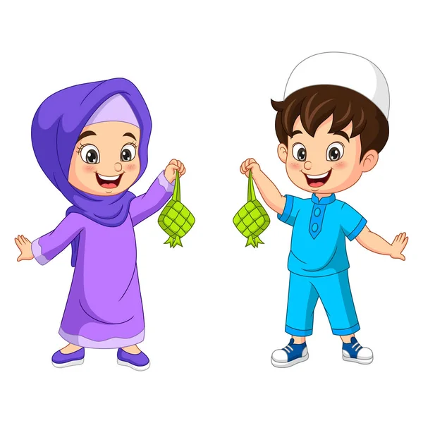 幸せなイスラム教徒の子供の漫画のベクトルイラストケツアーを保持 — ストックベクタ