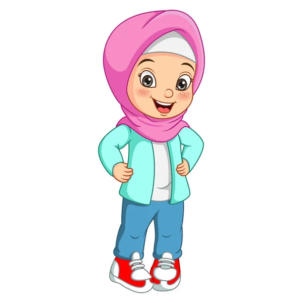 Vector Illustration Cartoon Muslim Girl Hijab Posing - Stok Vektor