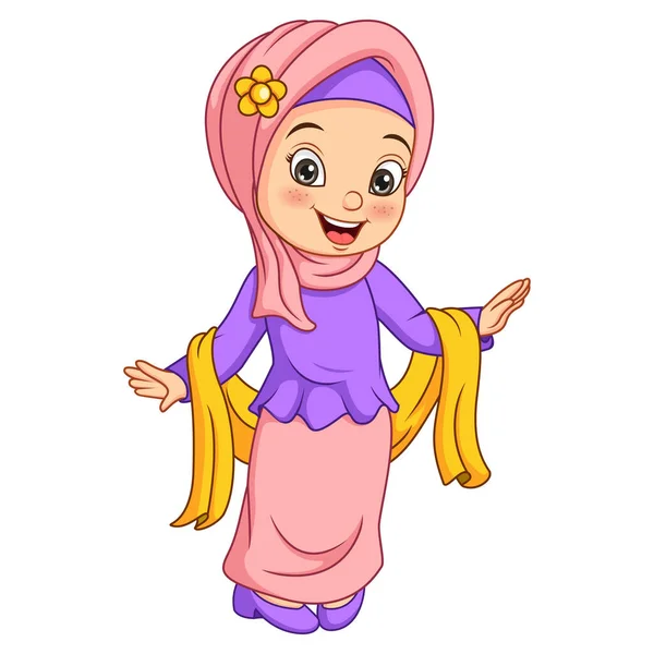 Vector Illustration Dari Happy Muslim Gadis Kartun Berpose - Stok Vektor