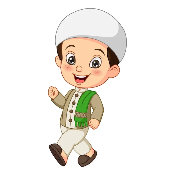 Vector Illustration Happy Muslim Boy Cartoon Walking — Stock Vector