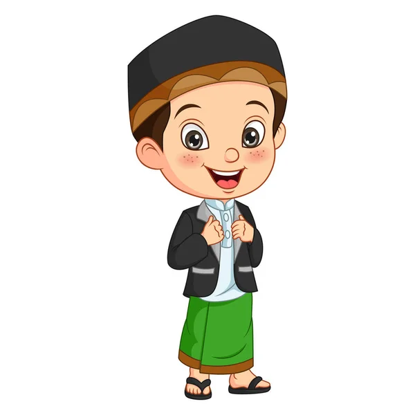 Vector Illustration Happy Muslim Boy Cartoon Standing - Stok Vektor