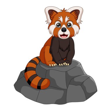 Karikatür 'ün Vektör İllüstrasyonu kayanın üzerindeki komik kırmızı panda