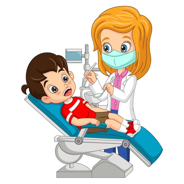 Vector Illustration Doctor Dentist Cartoon Checking Boy Teeth — Stock Vector