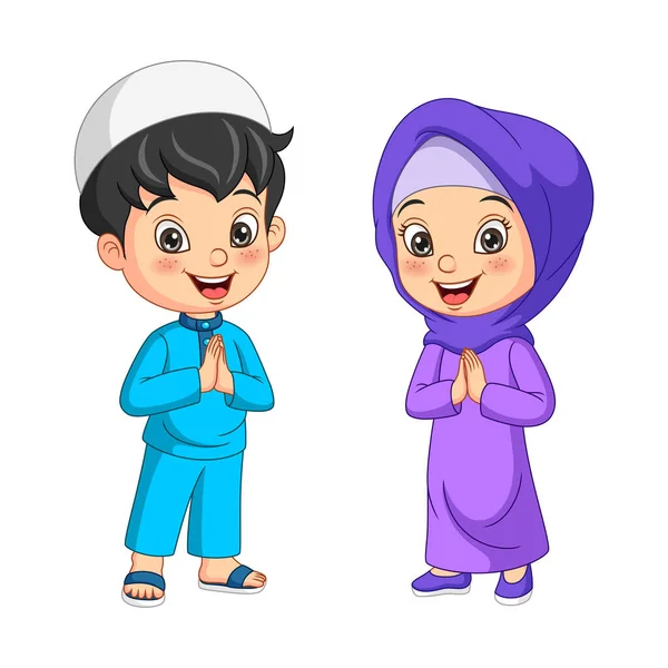 Vector Illustration Cartoon Muslim Kid Greeting Salaam — Stock Vector