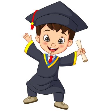 Mezuniyet kostümü giymiş, elinde diploması olan küçük bir çocuğun vektör çizimi.