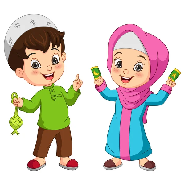 Vector Illusztráció Boldog Muszlim Gyerekek Rajzfilm Kezében Ketupat — Stock Vector