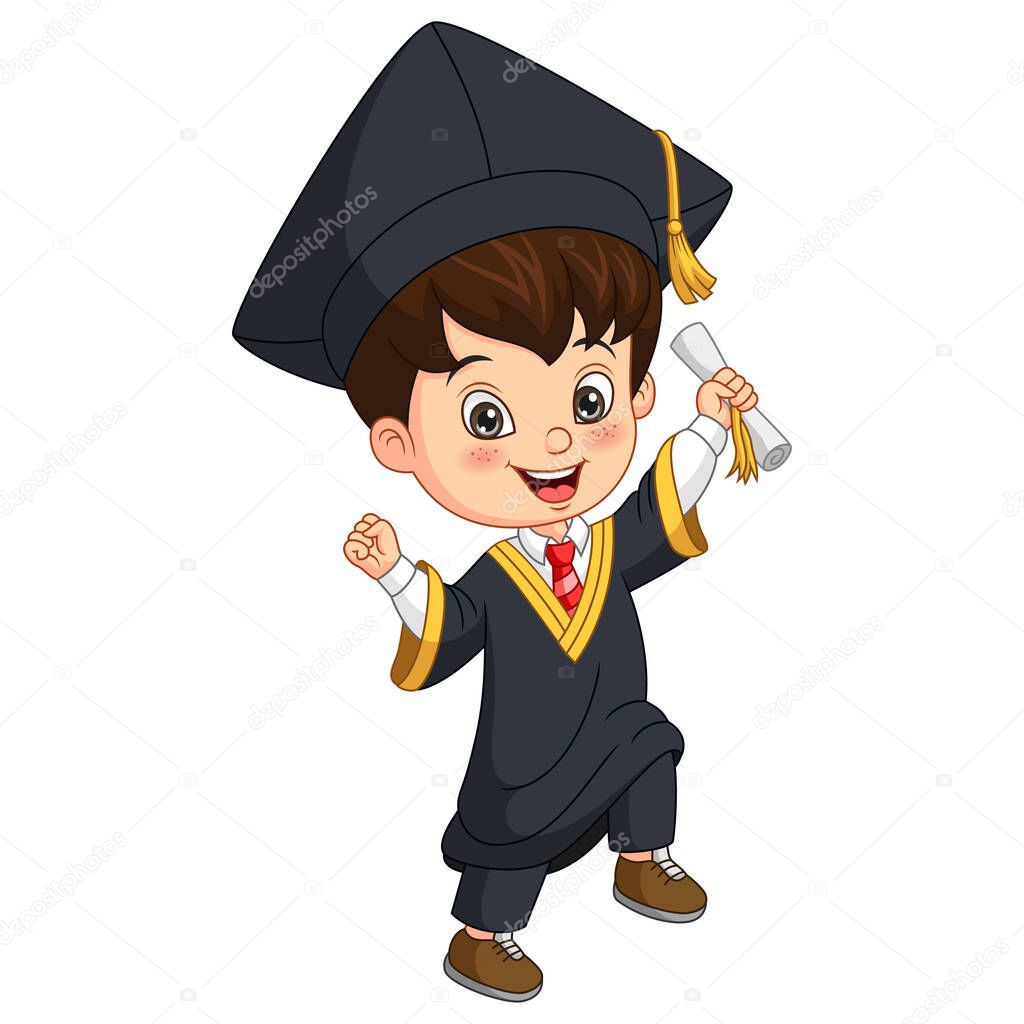 Vector Illustration of Cartoon little boy in graduation costume holding a diploma