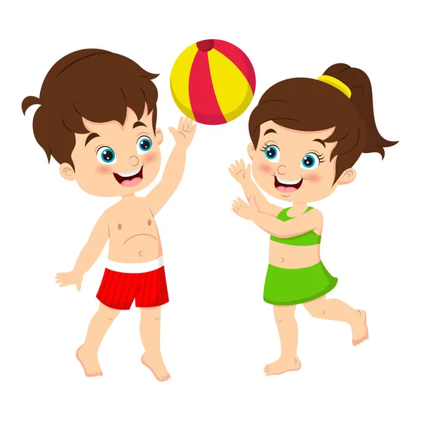 Vector Illustration Cartoon Children Playing Beach Ball — Stock vektor