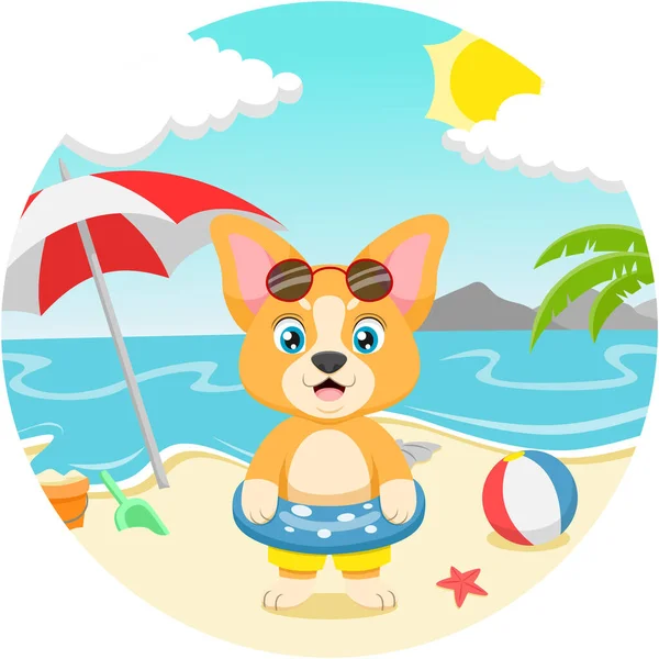 Εικονογράφηση Διάνυσμα Του Cartoon Μικρό Σκυλί Τροπική Παραλία — Διανυσματικό Αρχείο