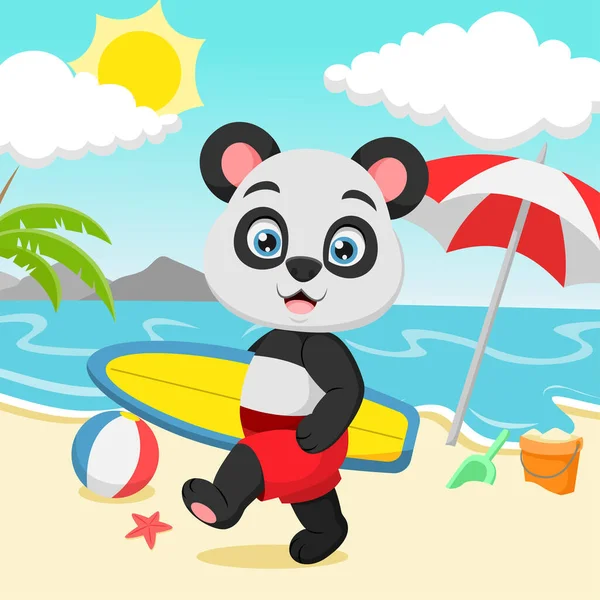 Vector Illustration Cartoon Panda Playing Surfboard — Archivo Imágenes Vectoriales