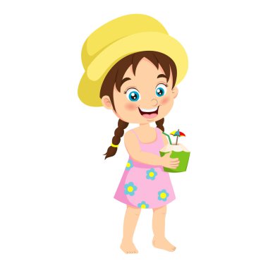 Hindistan cevizi suyu tutan şirin küçük kızın vektör çizimi