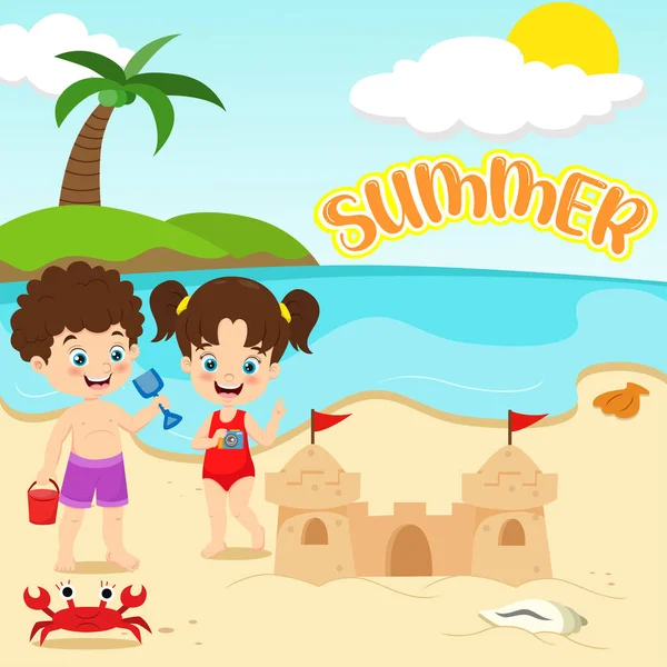 Vector Illustration Children Playing Tropical Beach — Διανυσματικό Αρχείο