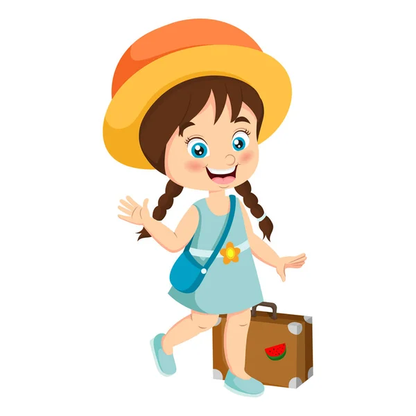Vector Illustration Cute Little Girl Cartoon Suitcase — Stock Vector