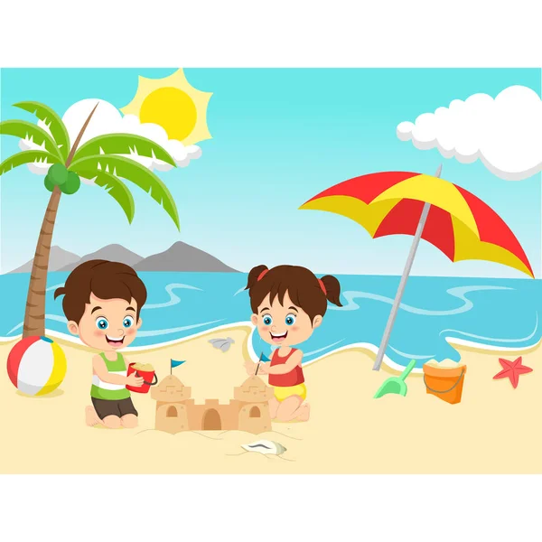 Ilustração Vetorial Crianças Fazendo Castelo Areia Praia Tropical — Vetor de Stock