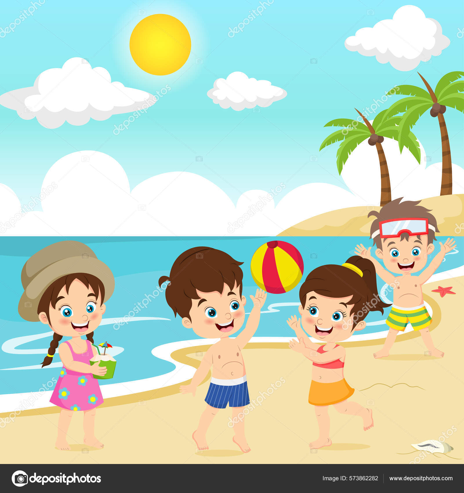 Imagem de crianças jogando bola na beira da praia.