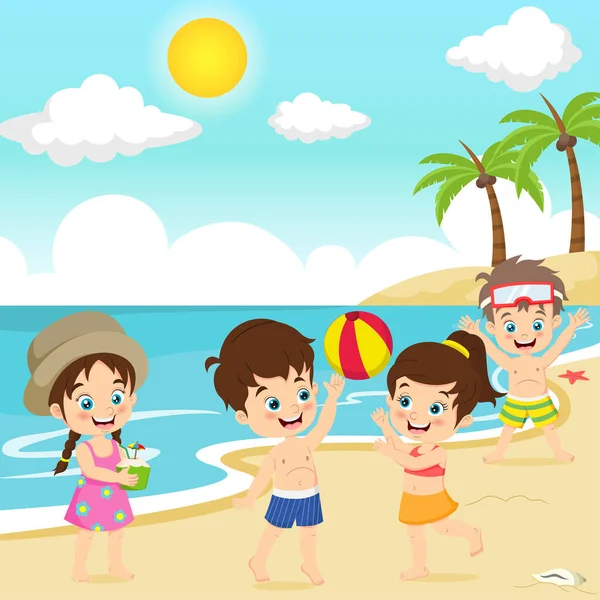Illustration Vectorielle Enfants Jouant Beach Ball Sur Une Plage Tropicale — Image vectorielle