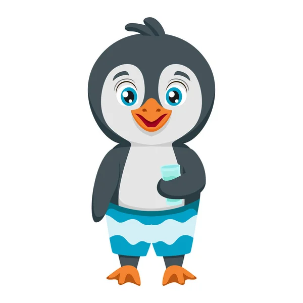 Bonito Desenho Animado Pinguim Segurando Uma Bebida — Vetor de Stock