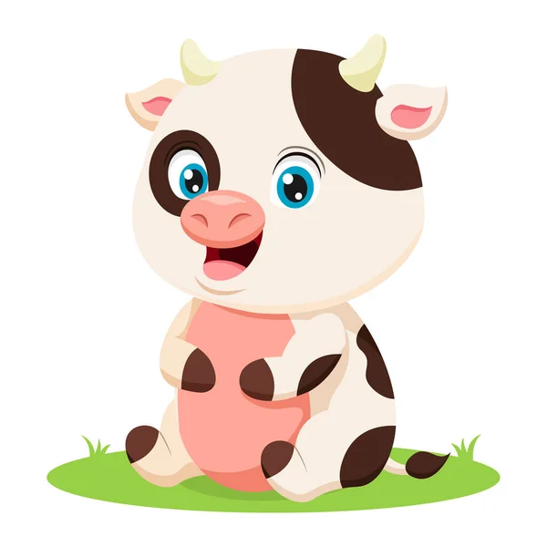 Vector Illustratio Cute Little Cow Cartoon Sitting Grass — Stock Vector