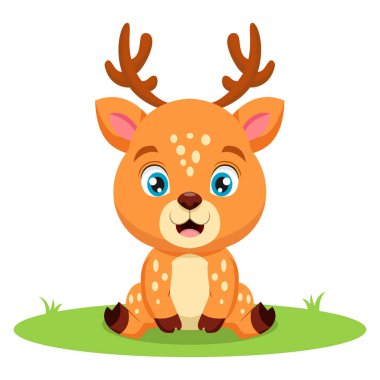 Çimlerin üzerinde oturan şirin küçük geyiğin vektör çizimi