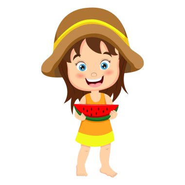 Vector Illustration of Cartoon little girl holding a watermelon